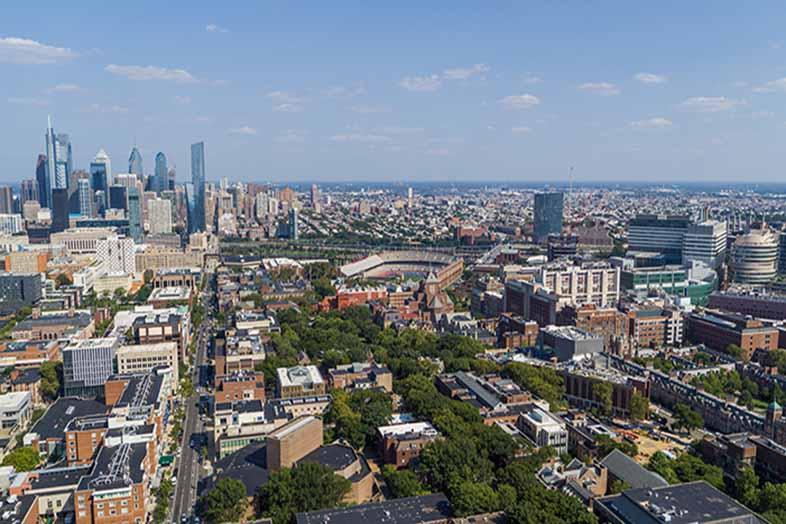 An aerial view of West Philadelphia and Penn looking eastward towards Center City.